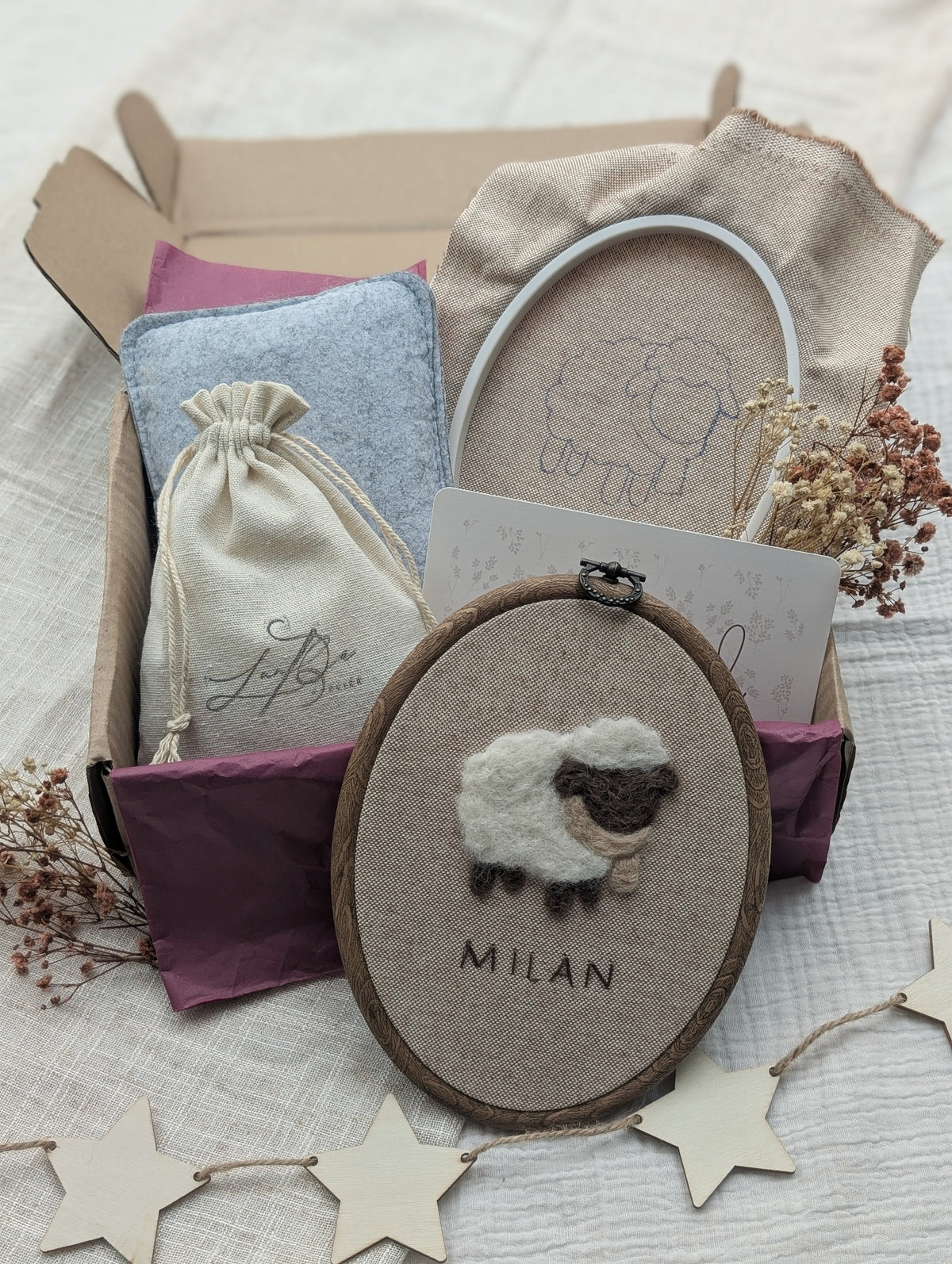 DIY-Kit Stickrahmen „Sammy Schaf“ zum Filzen – Personalisierbar